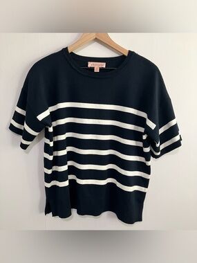 Philosophy Short Sleeved Sweater Navy Blue and White Stripes Size Large